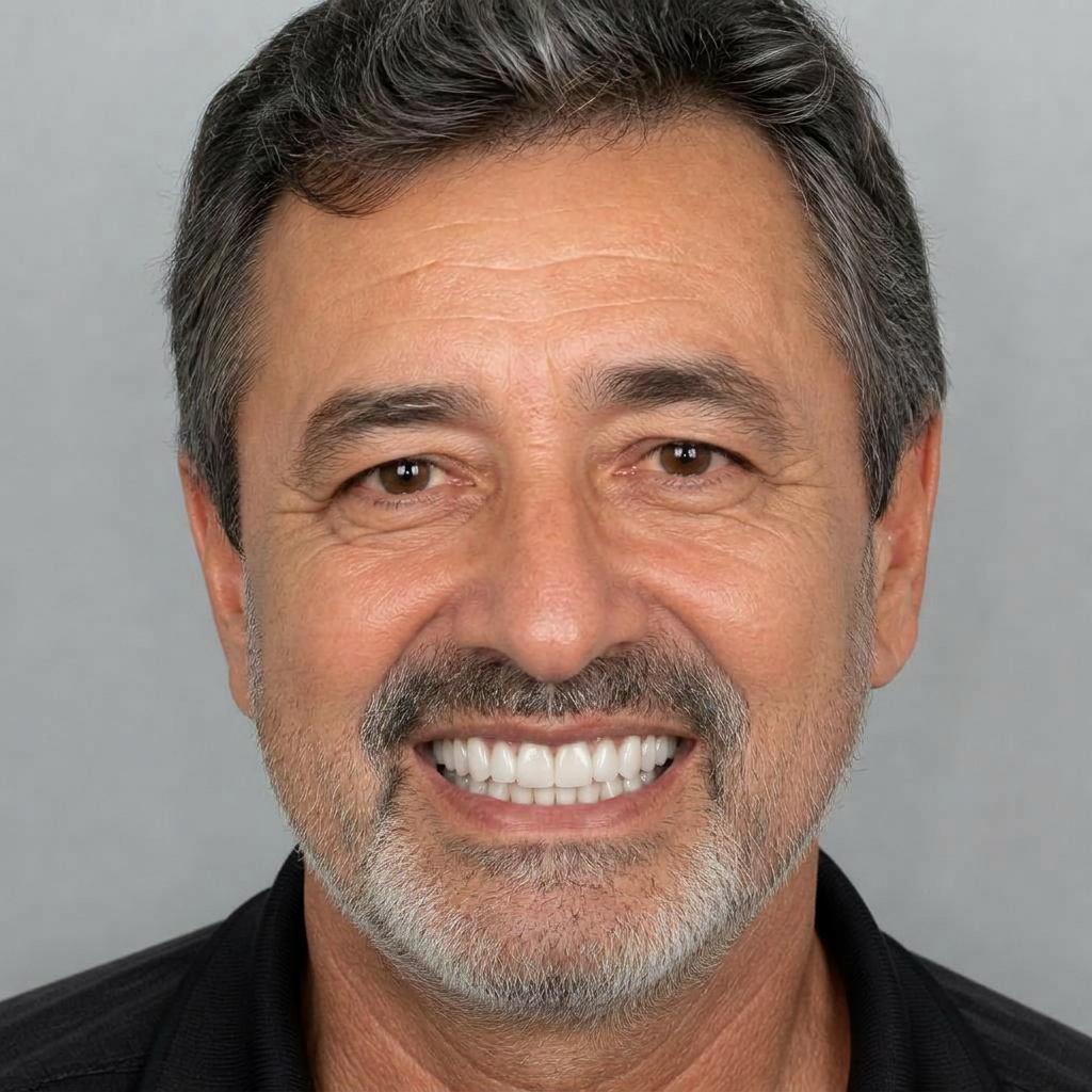 Carlos, 60 anos após reabilitação com implantes dentários