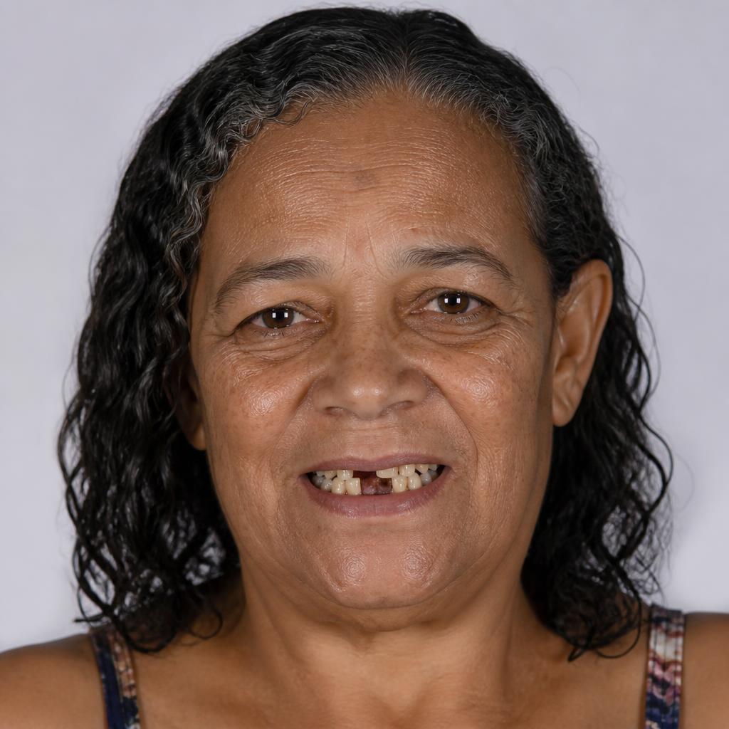 Dona Luzia, 65 anos antes do tratamento com implantes dentários